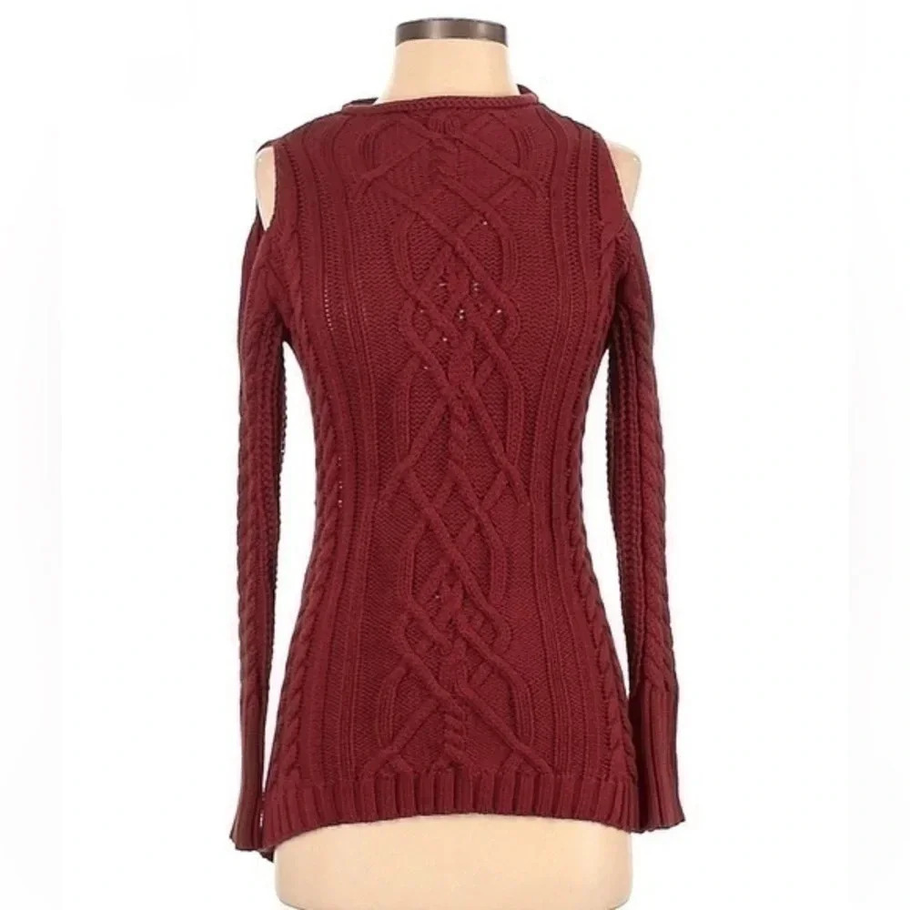 Boston Proper Y2K Rust Red Cable Knit Cold Shoulder Cotton Sweater Size XXS